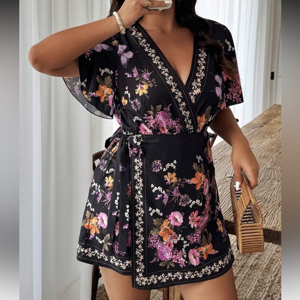 Floral Black Wrap Romper